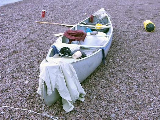 Canoe and equipment for field work on the beach of Lake Superior